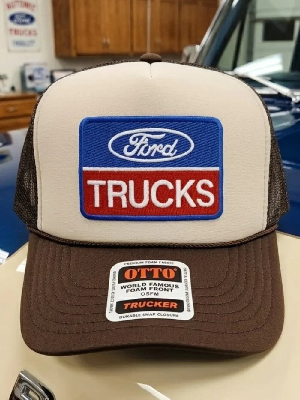 Retro Ford Trucks Embroidered Patch Foam Trucker Hat OTTO Brown Tan Cap New F150